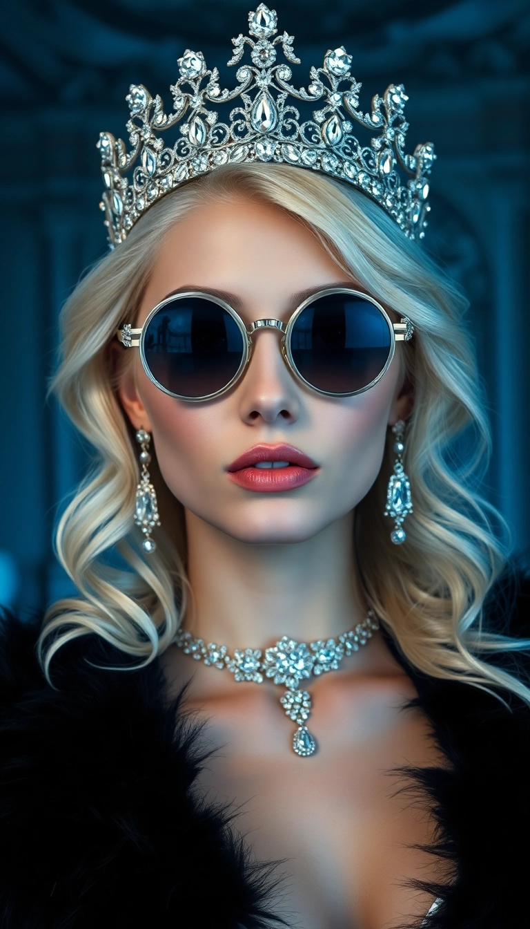 iPhone Exquisite Young Platinum Blonde Queen in Black Fur Luxury Wallpaper Copyright-Free Stock Image